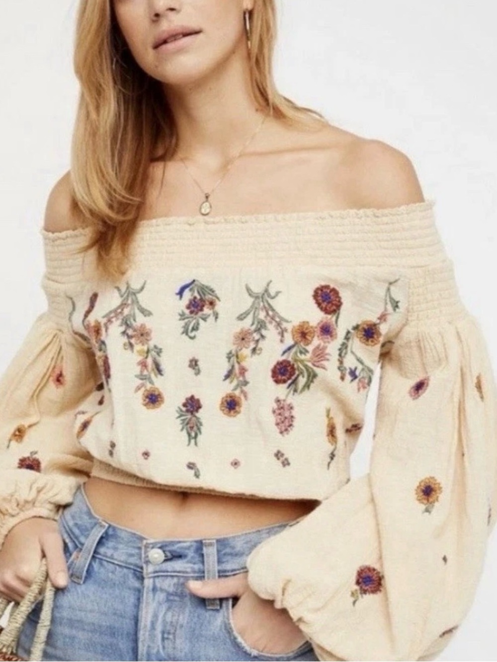 Free People Cream Off-Shoulder Embroidered Crop Top
